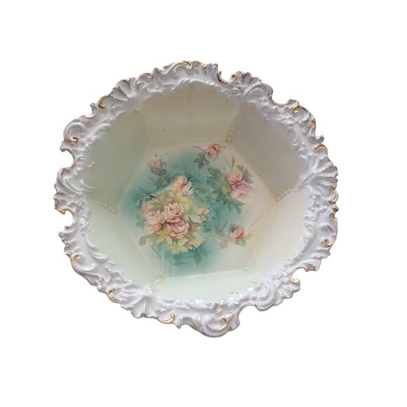 Vintage Antique? RS Prussia Porcelain Lusterware Bowl Teal Pink Roses - Picture 1 of 9